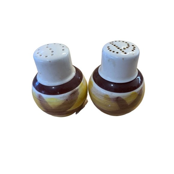 Vernonware Yellow Brown Organdie Salt & Pepper Shakers Metlox Plaid - Picture 1 of 6